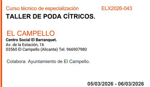  TALLER DE PODA CÍTRICOS (del 05.03.2026 al 06.03.2026)